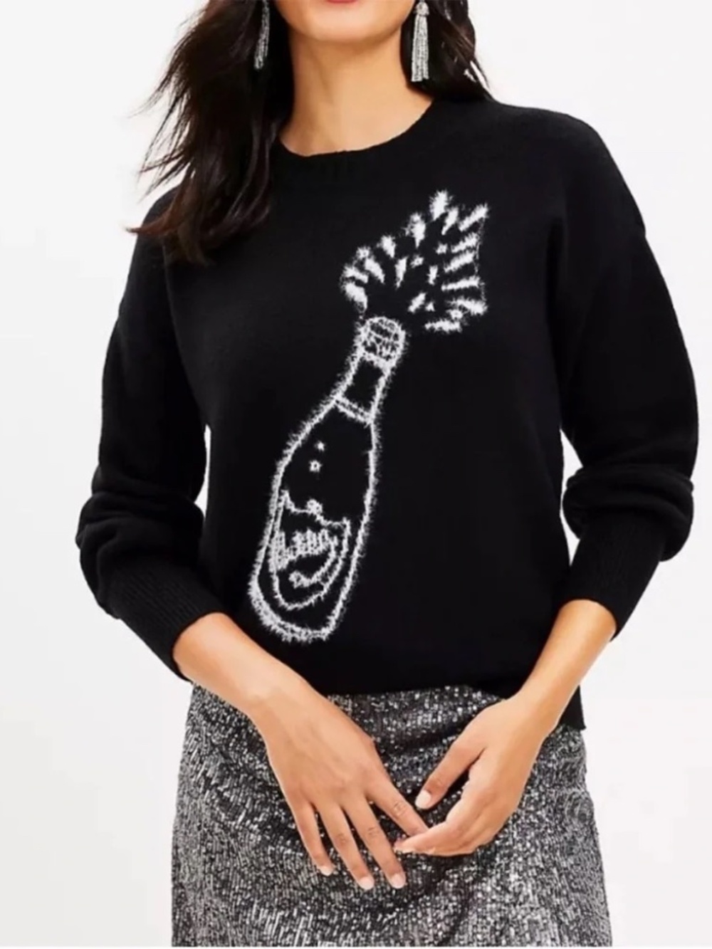 LOFT Black Champagne Bottle Celebration Sweater Medium